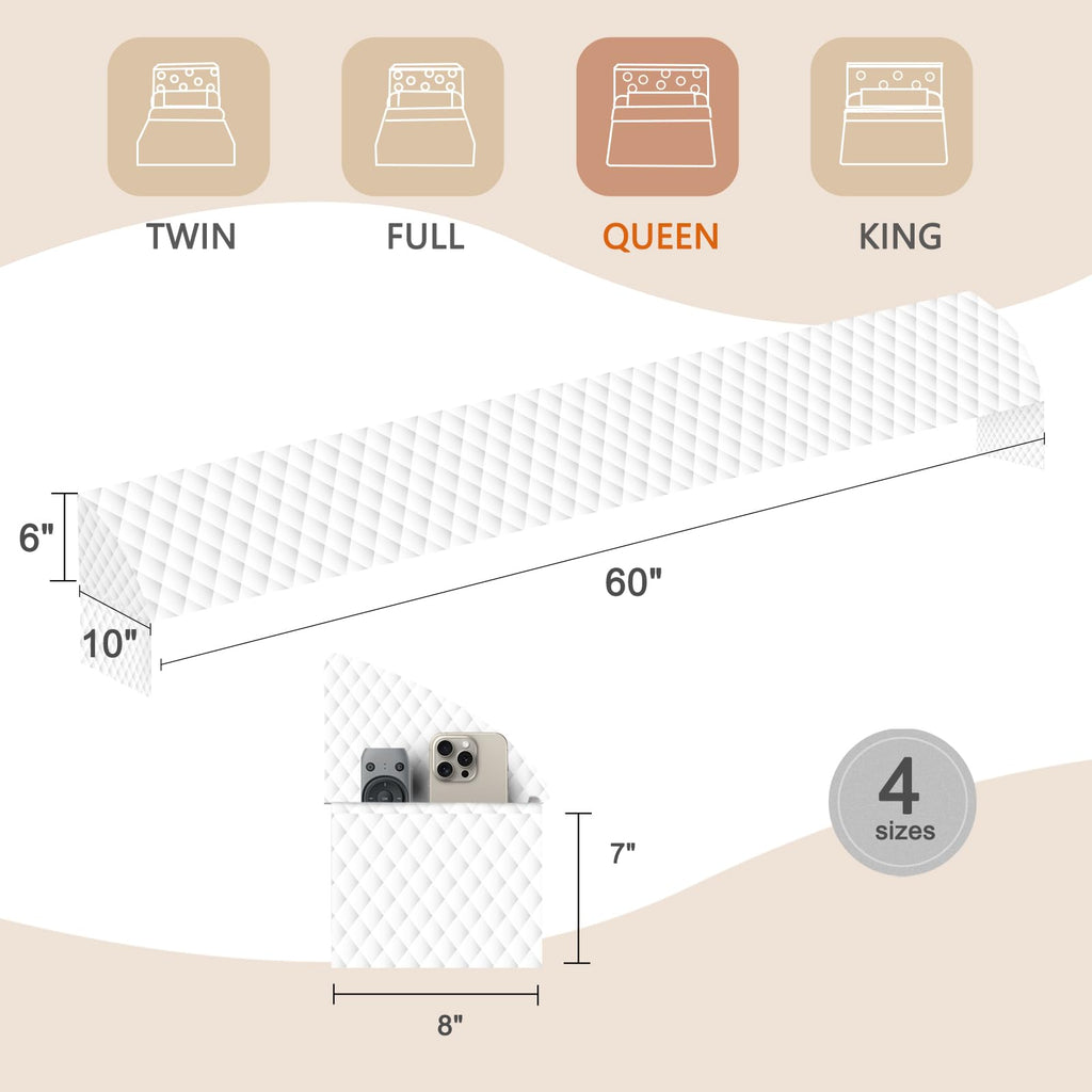TOACSUCP Wedge Pillow Headboard, Pillow Wedge for Headboard Gap with 2 Side Large Pocket, Bed Gap Filler (0-8"), Headboard Wedge Pillow Queen Size(White, 60"x10"x6")