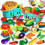 100 Pcs Play Food Set for Kids Kitchen, Pretend Food Toy for Toddlers Age 1-3, Plastics Cutting Fake Food/ Fruit/ Vegetable Accessories with 2 Baskets, Birthday Gifts for 2 3 4 5 Years Old Boys Girls