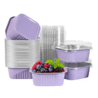 50 Pcs Mini Square Baking Cups with Lids,10oz Aluminum Foil Mini Cake Pans with Lids,Disposable Ramekins Cake Pans,300ml Dessert Cups Cupcake Pans for Wedding Birthday Party,Purple