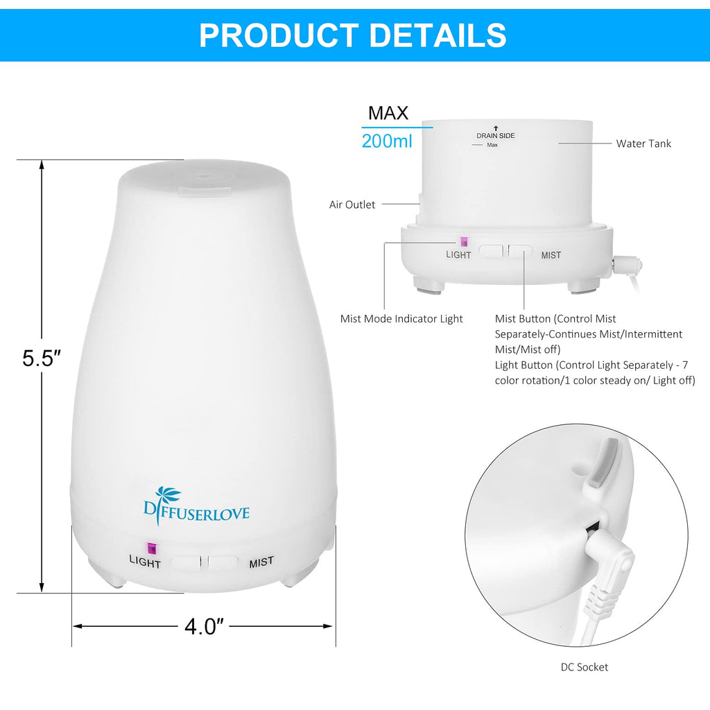 Diffuserlove Essential Oil Diffusers 200ML Remote Control Ultrasonic Mist Humidifiers BPA-Free Aromatherapy Diffuser with 7 Color Lights, Auto Shut-Off for Bedroom Office Kitchen
