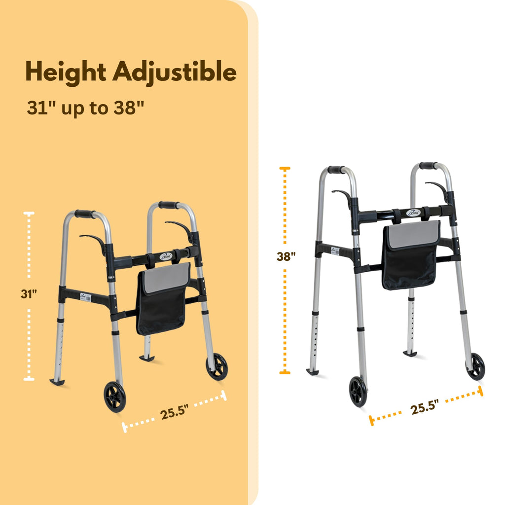 iLiving Easy Folding Rolling Walker with Shopping Bag Basket and Glide Skis - Upright Mobility Aid for Senior or Adults, Foldable and Adjustable Height Supports up to 350 lbs, Standard Walker, Silver