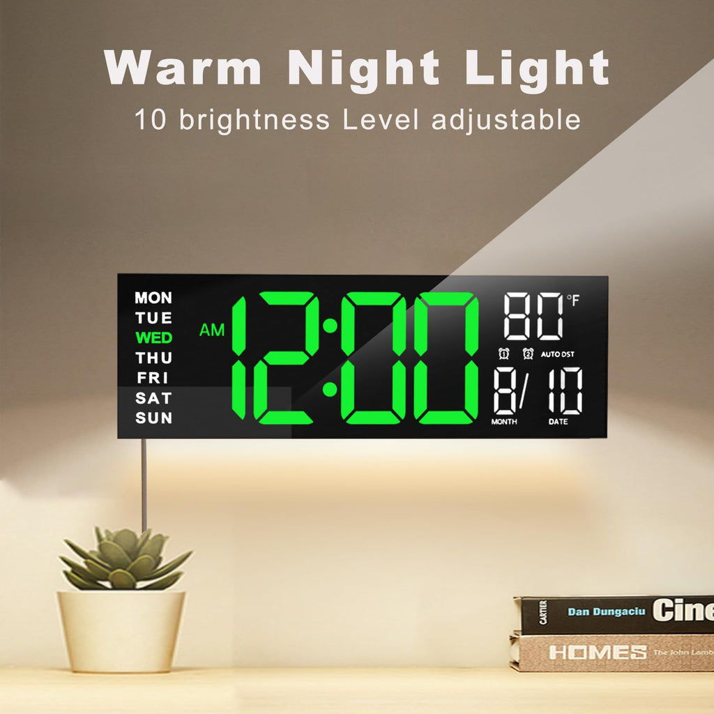 JALL 16" Large Digital Wall Clock Timer, Remote Controll, 2 Alarms, LED Display, 8 RGB Color, Auto DST, Temperature for Living Room, Bedroom, Desk, Mounted, Gift for Elderly (Green White, 16 inches)