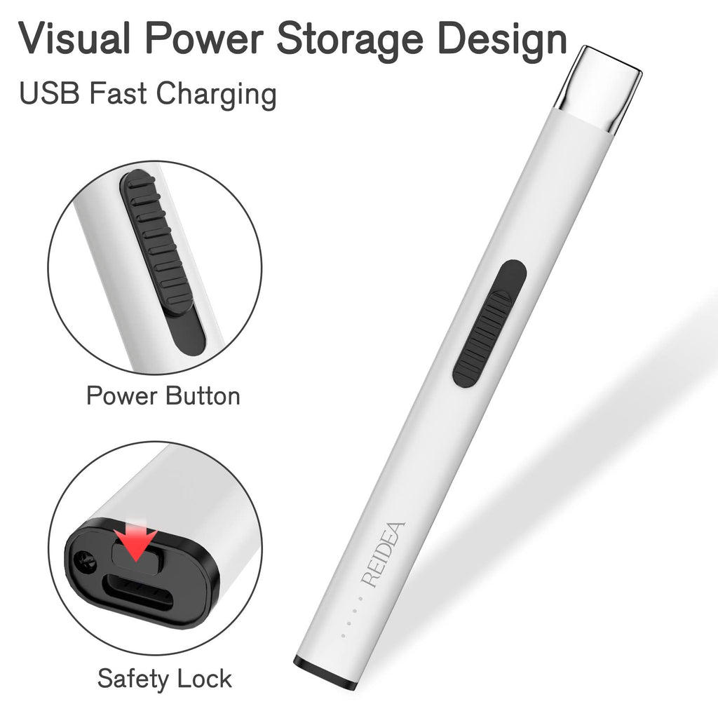 REIDEA Lighter R1 Flat Electronic Candle Lighter, Windproof Flameless USB Rechargeable Arc Lighter with Safe Button and Power Indicator for Candle, BBQ and Fireworks, White