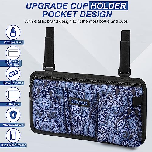 ZHCHG Wheelchair Side Bag with Cup Holder, Wheelchair Armrest Pouch Accessories for Walker, Rollator, Electric Scooter Wheelchairs, Ideal Gift for Mother's Day & Father's Day, Blue