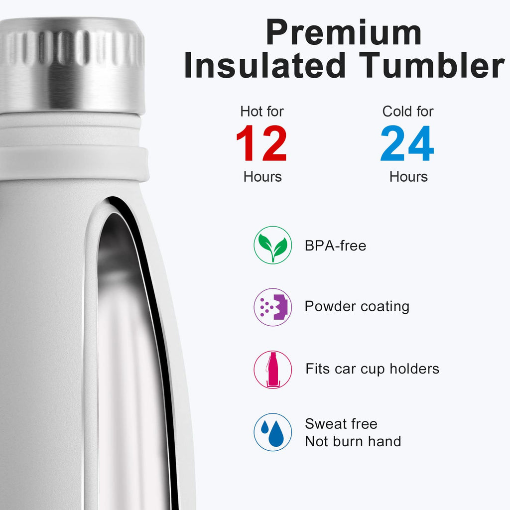 koodee Water Bottle-17 oz Stainless Steel Double Wall Vacuum Insulated Water Bottle for Back to School, Cola Shape Leak Proof Sports Bottle for School(White)