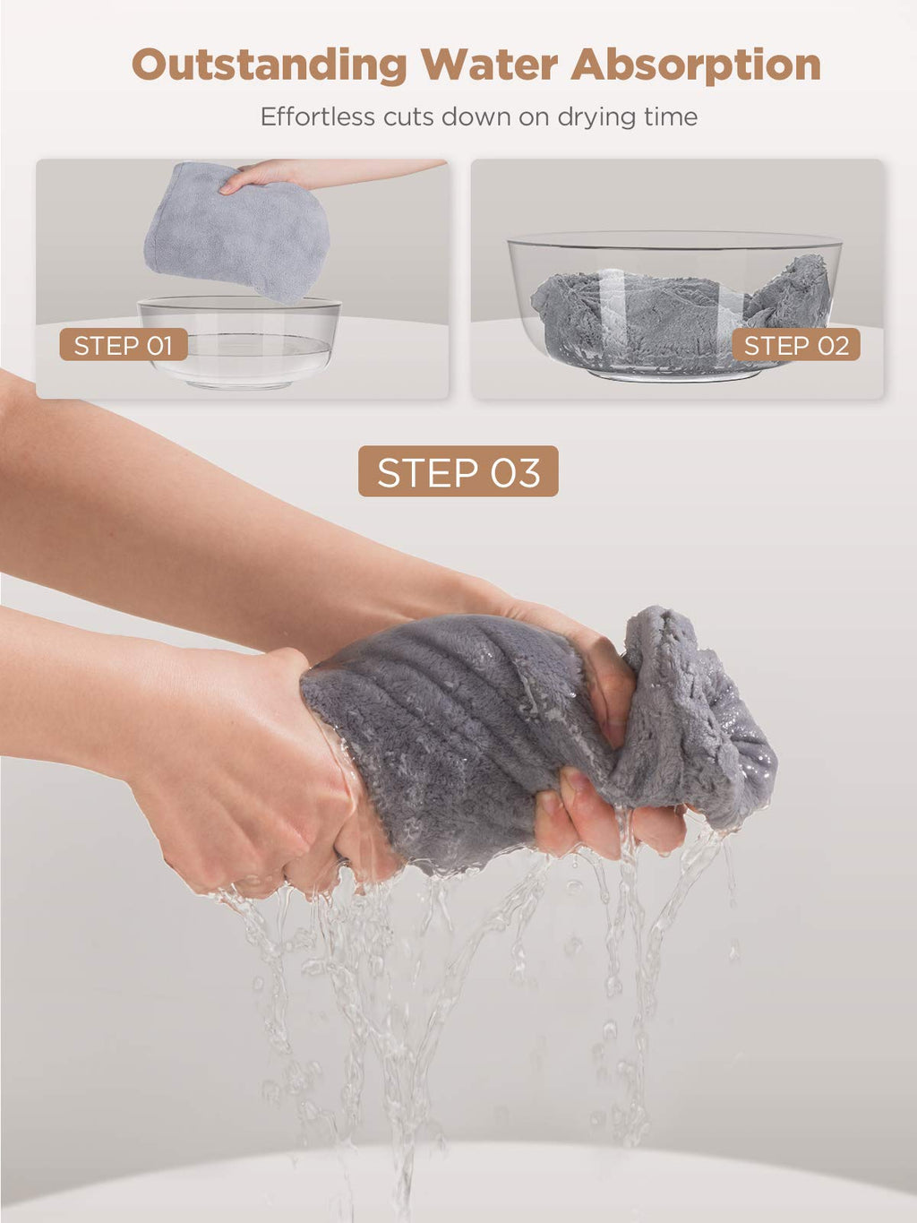Hicober Microfiber Hair Towel, 3 Packs Hair Turbans for Wet Hair, Drying Hair Wrap Towels for Curly Hair Women Anti Frizz (Grey,Blue,Grey)