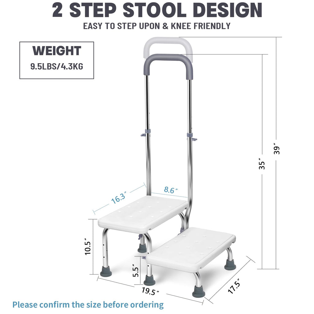 2 Step Stool with Handle for Elderly - Non-Slip Bedside Steps with Adjustable Handrail (450 lbs Capacity)