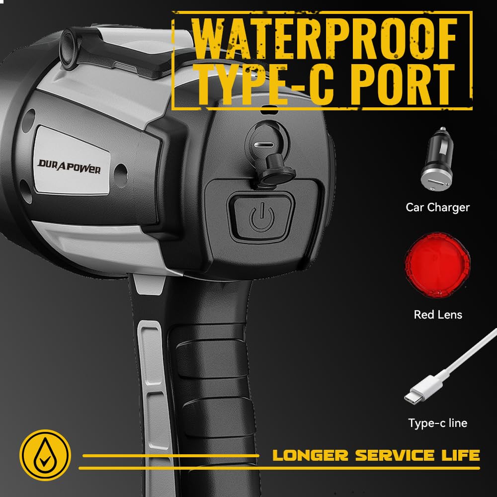 Durapower Rechargeable Spotlight, 200000 Lumen Super Bright LED Handheld Spotlight, IP68 Waterproof Spotlight Flashlight Portable Marine Boat