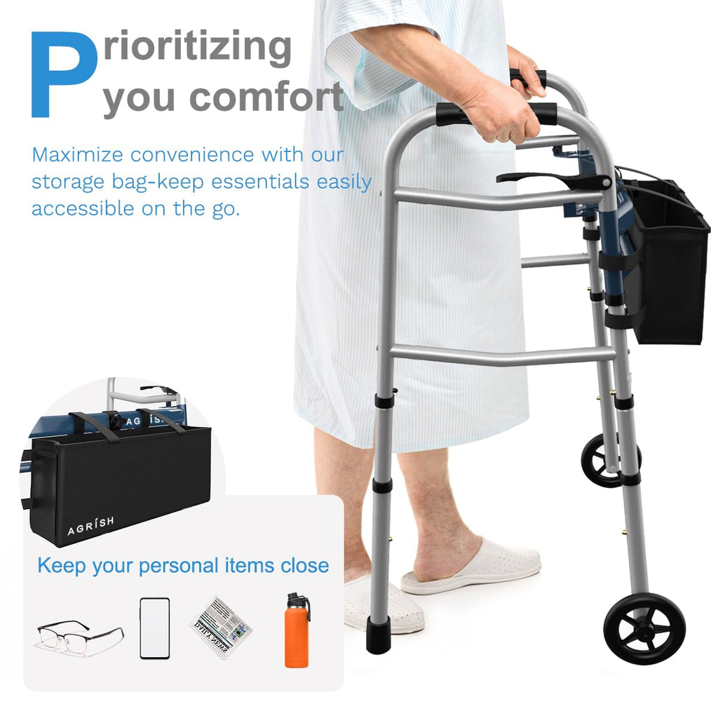 Agrish Narrow Walkers with Storage Bag - FSA/HSA Eligible Width Height Adjustable Walker, Lightweight Folding Walkers, Walkers for Seniors Handicapped & Disabled, Up to 350 lbs