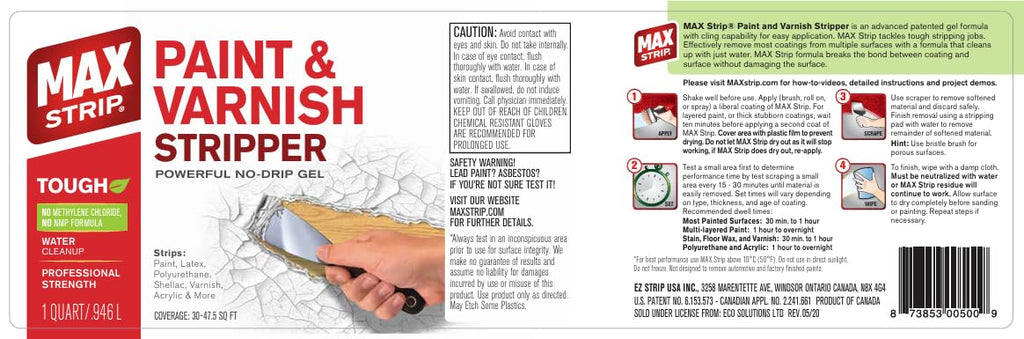 Max Strip Paint & Varnish Stripper 32oz - Paint Stripper for Multiple Layers of Acrylic, Latex, Oil & Water-Based Paints, varnishes. for Wood, Metal, Masonry, Plaster, Tile, molding.
