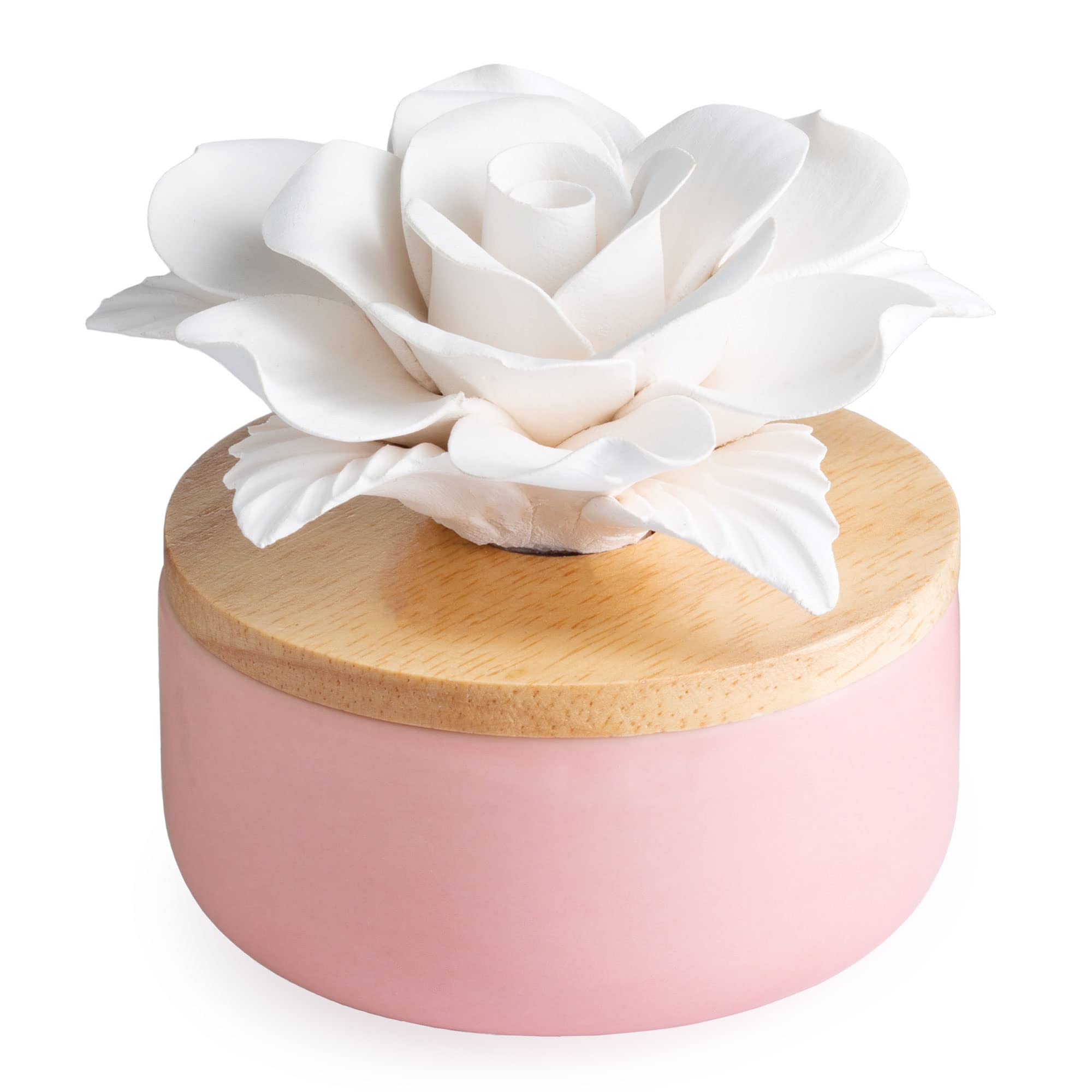 Airome Succulent Passive White Porcelain Diffuser, Non-Electric, Battery-Free Fragrance and Essential Oil Diffuser with Peppermint Essential Oil, White Rose with Wood and Pink Base