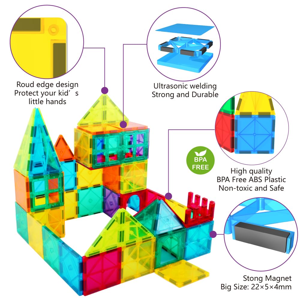 Jasonwell Magnetic Tiles Building Blocks Set for Boys Girls Preschool Educational Magnet Construction Kit Stacking STEM Toys Christmas Birthday Gifts for Kids Toddlers 3 4 5 6 7 8 9 10 + Year Old