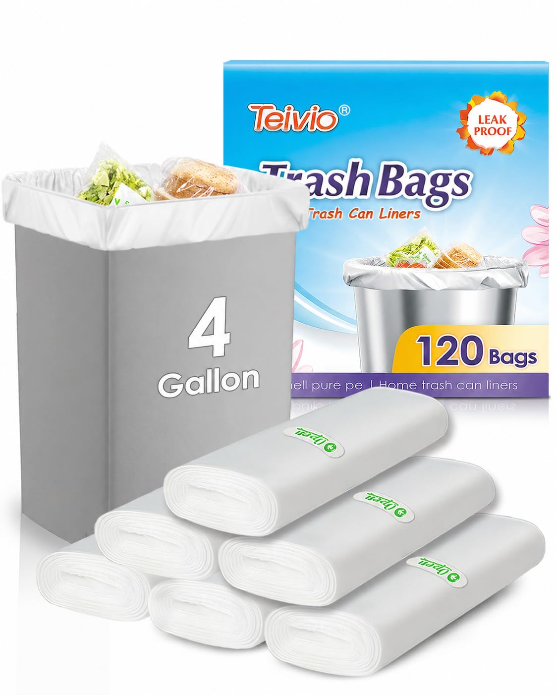 Small Trash Bags 4 Gallon 120 Counts Garbage Bags, Bathroom Trash Can Bin Liners, Small Plastic Bags for home office kitchen, fit 12-15 Liter, 3,3.5,4.5 Gal, Clear