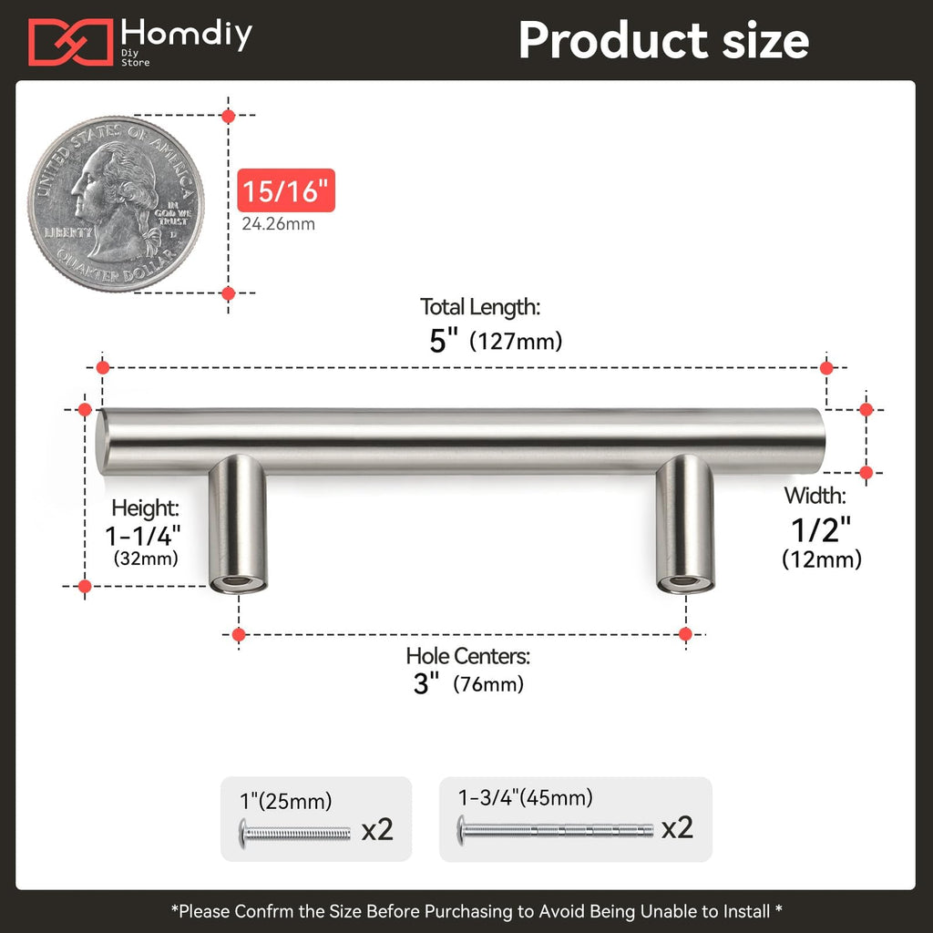 homdiy 15 Pack Brushed Nickel Cabinet Pulls 3 Inch Handles Stainless Steel Cabinet Hardware for Kitchen and Bathroom Cabinets, 5 Inch Overall Drawer Pull