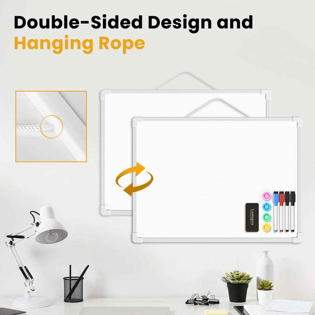 Small Dry Erase Board for Wall, 16" x 12" Double-Sided Hanging Whiteboard, Magnetic White Board with 4 Markers, 4 Magnets and 3 Mini Sticky Notes, Portable Whiteboard for Kids, School, Home, Office