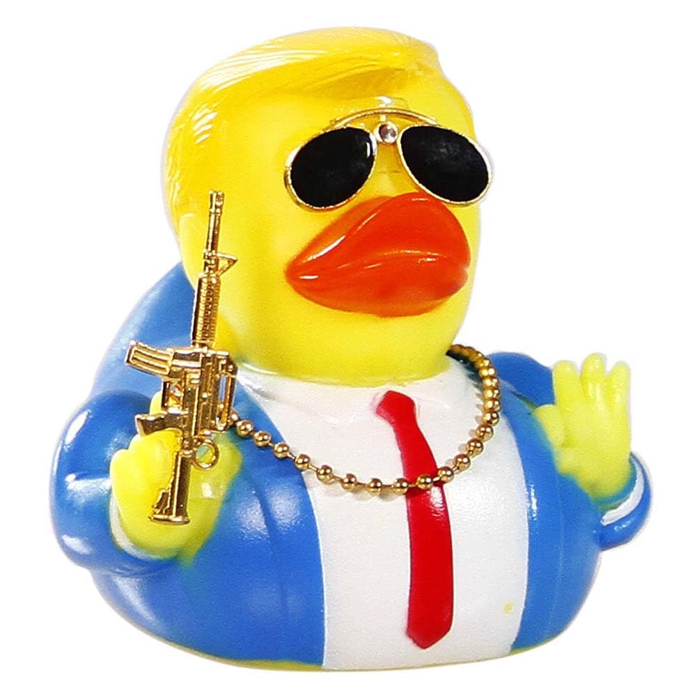 TAOHUAJIANG Rubber Ducks Trump Car Duck Dashboard Decoration Squeak Ducks Toys Car Ornaments Car Décor Accessories with Sunglasses，Defense Accessory and Gold-Plated Necklace (Style F)