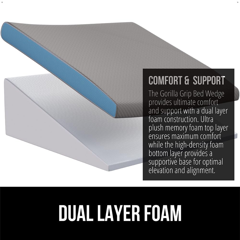 GORILLA GRIP Bed Wedge Ergonomic Sleeping Pillow, Soft Dual Layer Memory Foam, Stay in Place Dots, Breathable, Headboard Triangle Sleep Support for Reading Acid Reflux Anti Snoring, 7.5in Gray