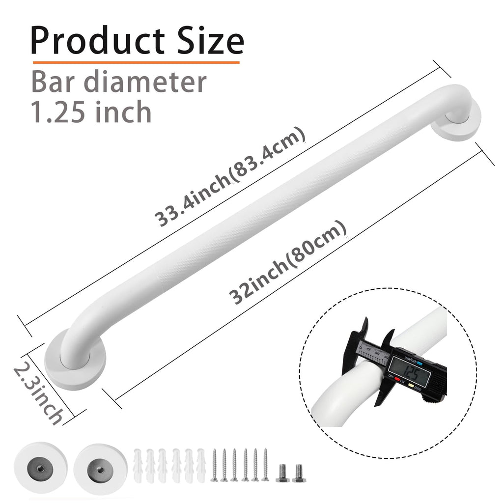 Rackickyer Shower Grab Bar, 2 Pack 32 Inch White Bathroom Grab Bar, 1.25" Diameter 304 Stainless Steel Anti-Slip Grab Bars for Bathtubs and Showers, Handicap Shower Grab Bar for Seniors Elderly