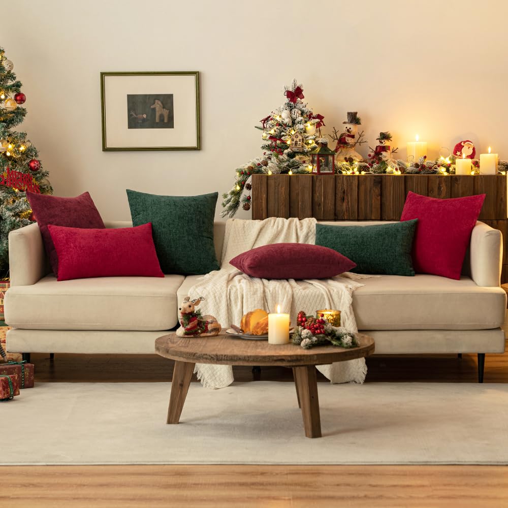 MIULEE Pack of 2 Christmas Green Throw Pillow Covers 20x20 Inch Soft Chenille Pillow Covers for Sofa Living Room Couch Solid Dyed Cases