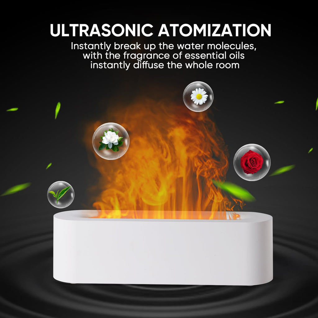 YALEDI Fireplace Flame Diffuser, Aromatherapy Essential Oil Diffuser, 150ml Cool Mist Ultrasonic Humidifier for Bedroom,Office,Home,Yoga, Timer & Auto Shut-Off, Colorful Night Light (White)