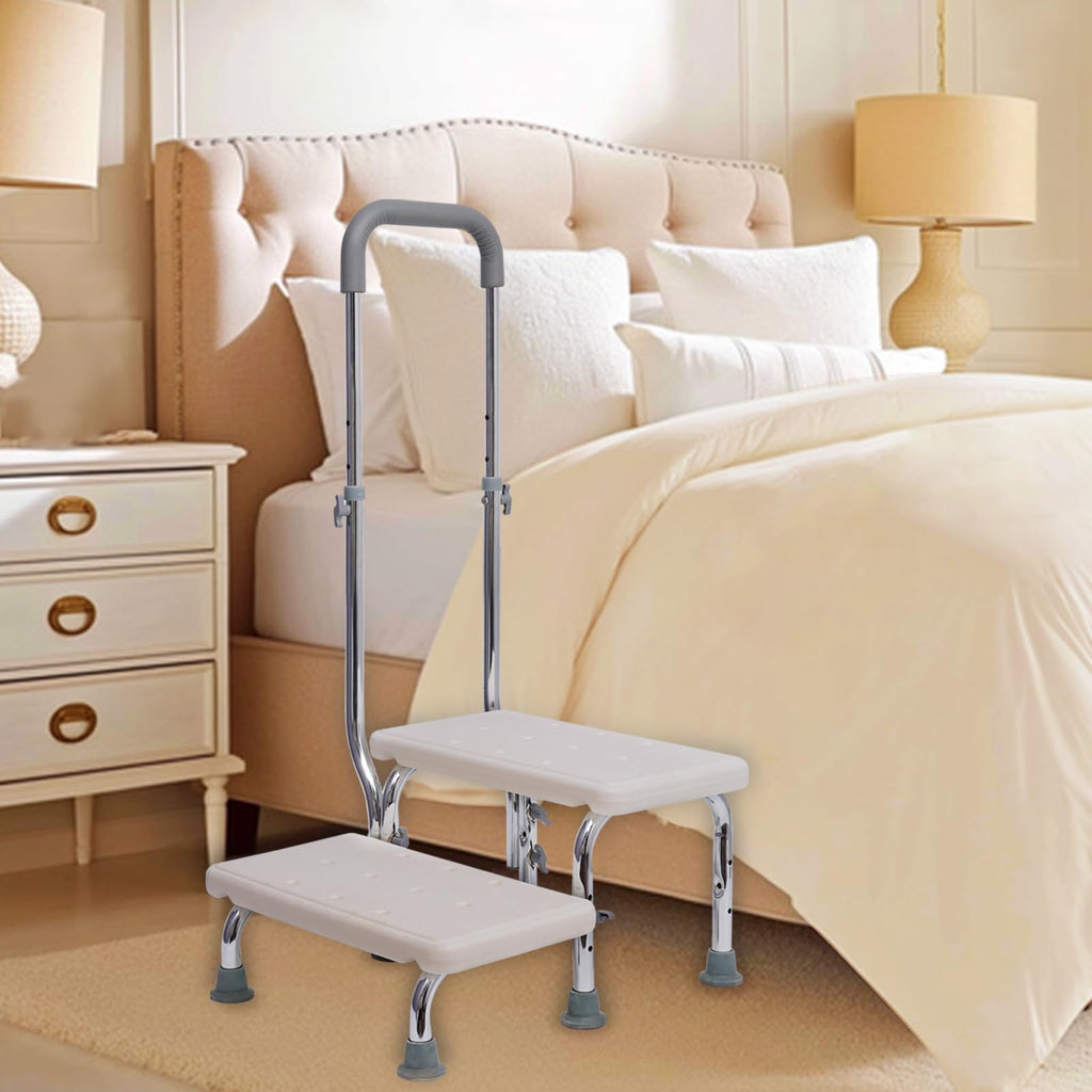 2 Step Stool with Handle for Elderly - Non-Slip Bedside Steps with Adjustable Handrail (450 lbs Capacity)