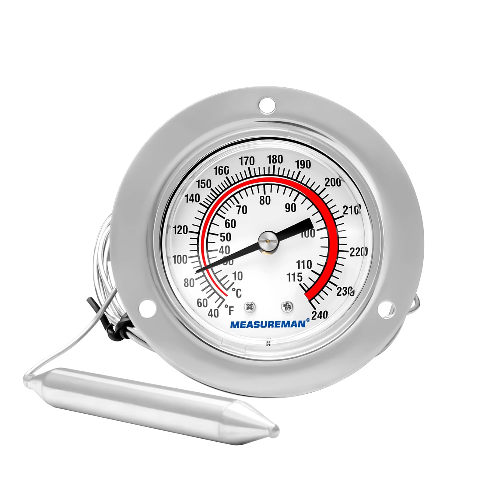 MEASUREMAN Vapor Capillary Flanged Panel Mount Refrigeration Thermometer, 2" Dial, 48" Capillary, 40-240 deg F/ 10-115 deg C, Re-Calibration Available