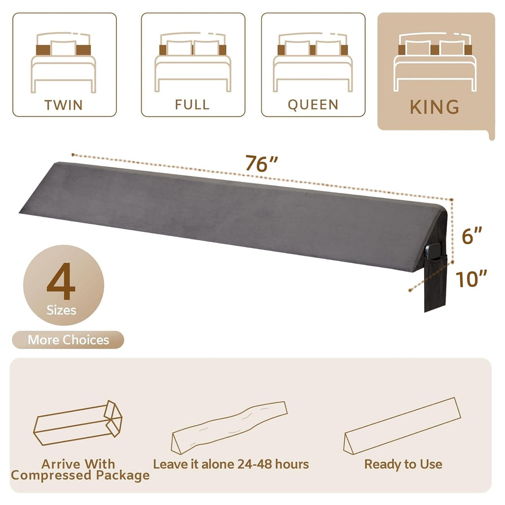 Bedluxe King Wedge Pillow Headboard (76"x10"x6"), Bed Wedge Pillow for Headboard, Foam Headboard Pillow, Bed Gap Filler King - Fill The Gap (0-7"), Mattress Gap Filler (Short Plush, 76"x10"x6")