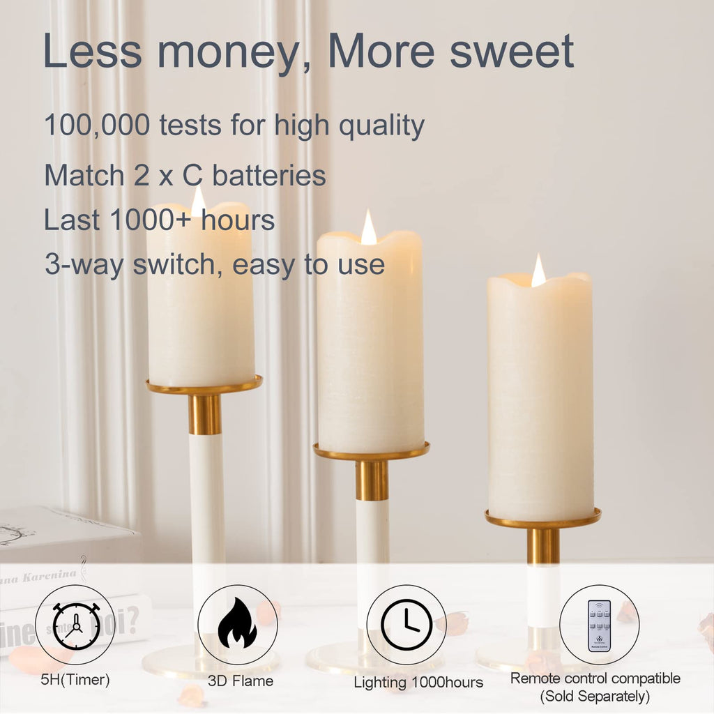 TECHLONG Flickering Flameless Candles with 3D Moving Flame, Last 1000+ Hours Battery Operated Candles with Timer, Ivory Real Wax Pillar Electric LED Candle for Wedding Christmas Party/3" x 7"