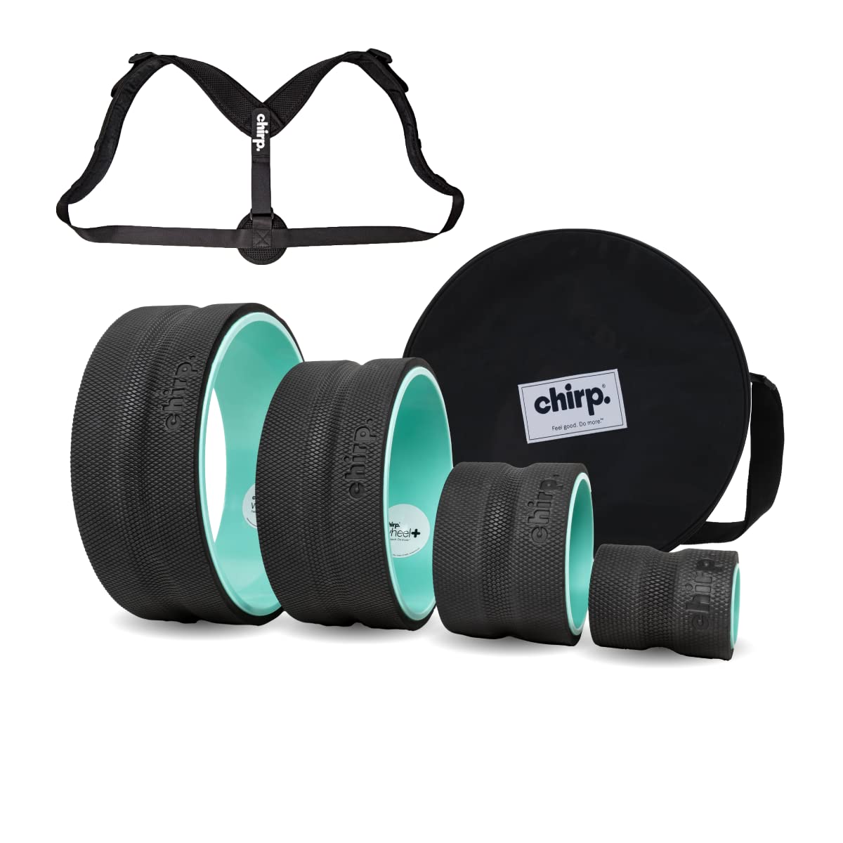 Ultimate Back + Neck Bundle, 4-Pack Chirp Wheel, Carrying Case, and Upper Back Posture Corrector, Includes Focus, Deep Tissue, Firm, and Gentle Wheel Roller, Holds Up to 500 lbs.