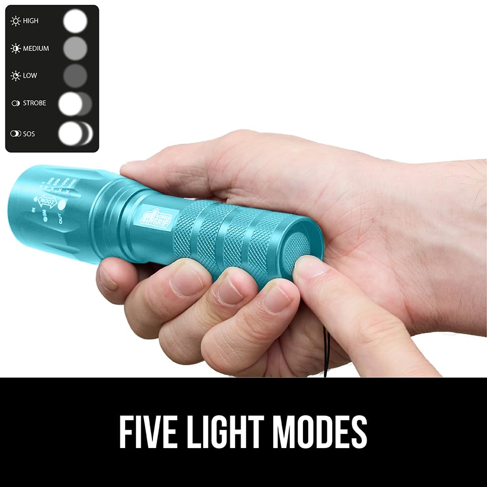 GORILLA GRIP Powerful LED Tactical Flashlight, 750 FT High Lumens 5 Adjustable Modes, Water Resistant, Ultra Bright Flashlights, Small Mini Flash Light, Camping, Night Dog Walking, 2 Pack Turquoise