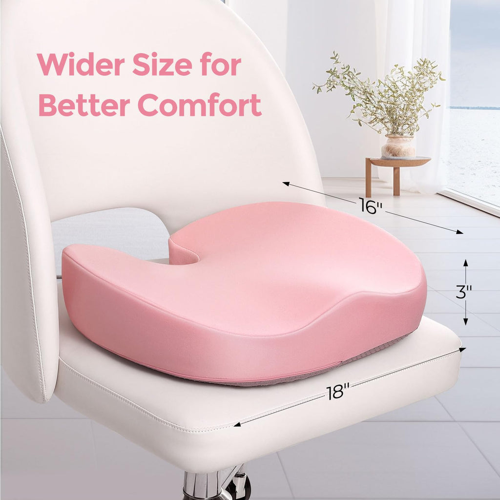 AMOOS Stylish Pink Seat Cushion, Ergonomic Wider Office Chair Cushion Enhances Posture with Lasting Support for Sciatica & Hip Pain Relief, Memory Foam Cushion for Office & Home Chair, Car Seat
