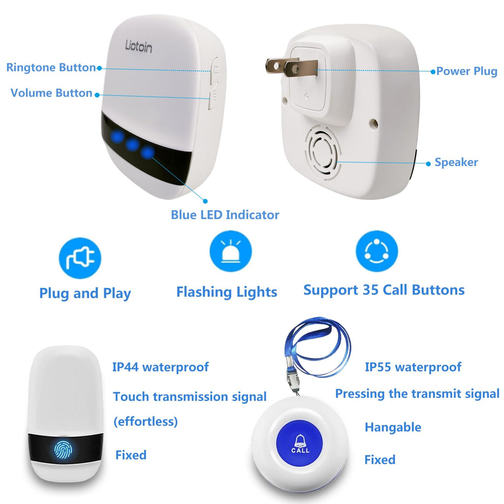 LIOTOIN Caregiver Pager Wireless SOS Call Button Nurse Alarm System Home/Elderly/Patient/Disabled/School Call Bell 5 Transmitter 5 Plug-in Receiver (600+ft Operating Range)…