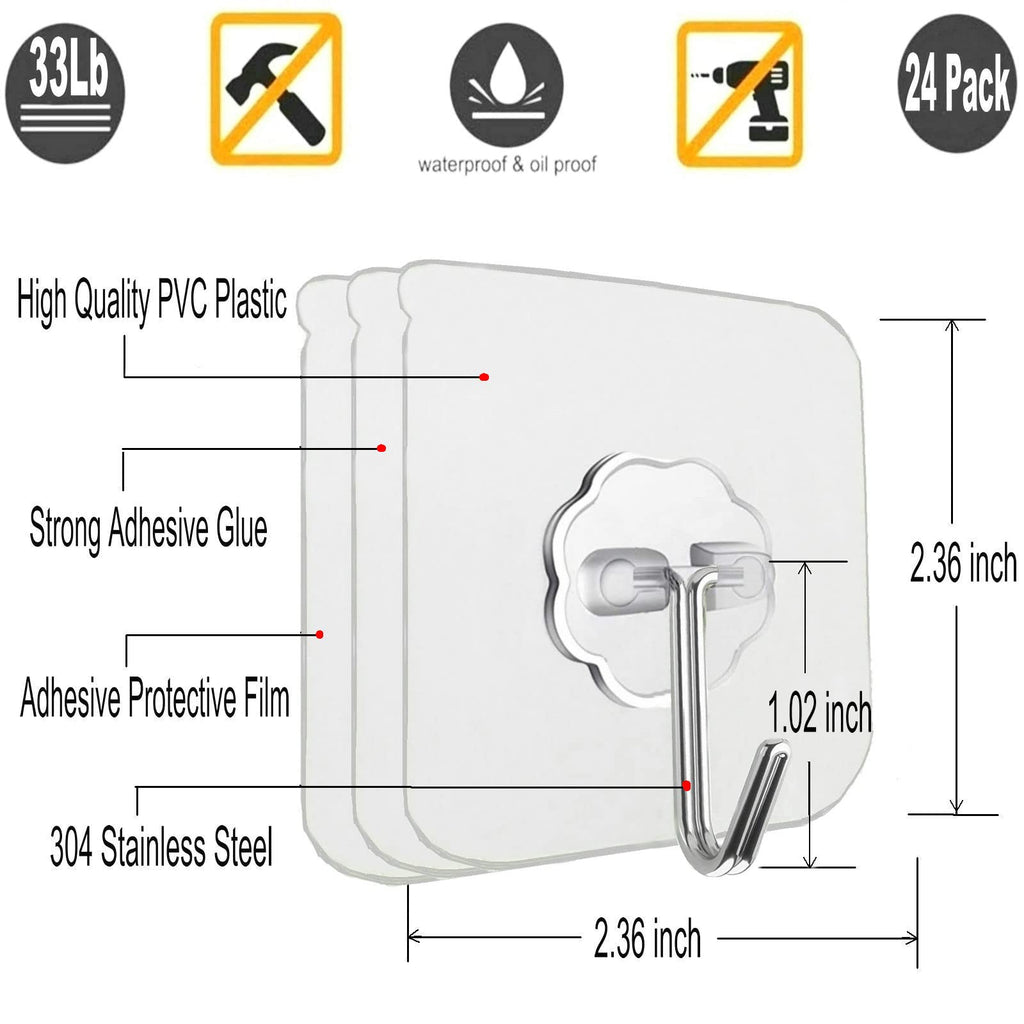 24 Pack Adhesive Wall Hooks 33LB Heavy Duty No Drill Transparent Waterproof Hooks for Bathroom Kitchen Towel Coat Office Home Outdoor