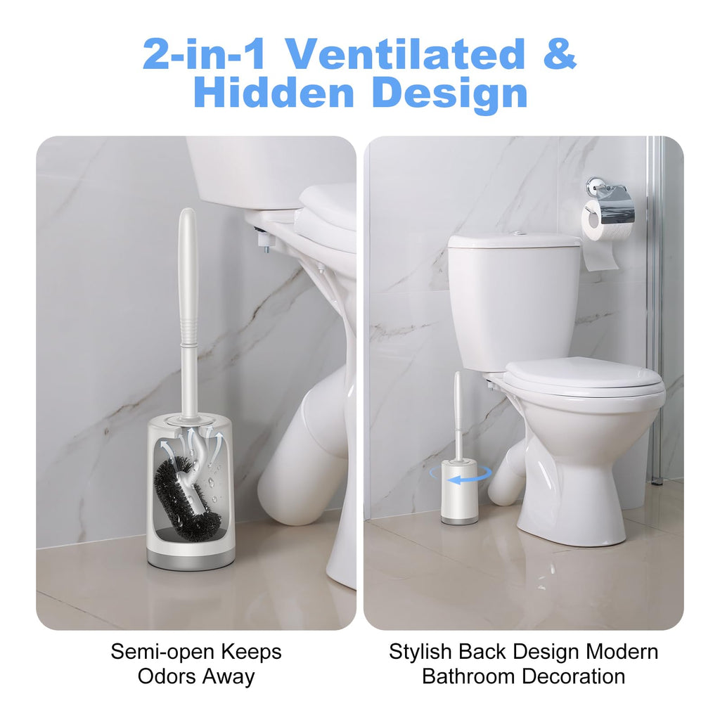 Toilet Bowl Brush Holder Set: Curved Design with Holder for Deep Cleaning Under Rim - Compact Hidden Scrubber for Small Space - Modern RV Bathroom Accessories - White 1 Pack
