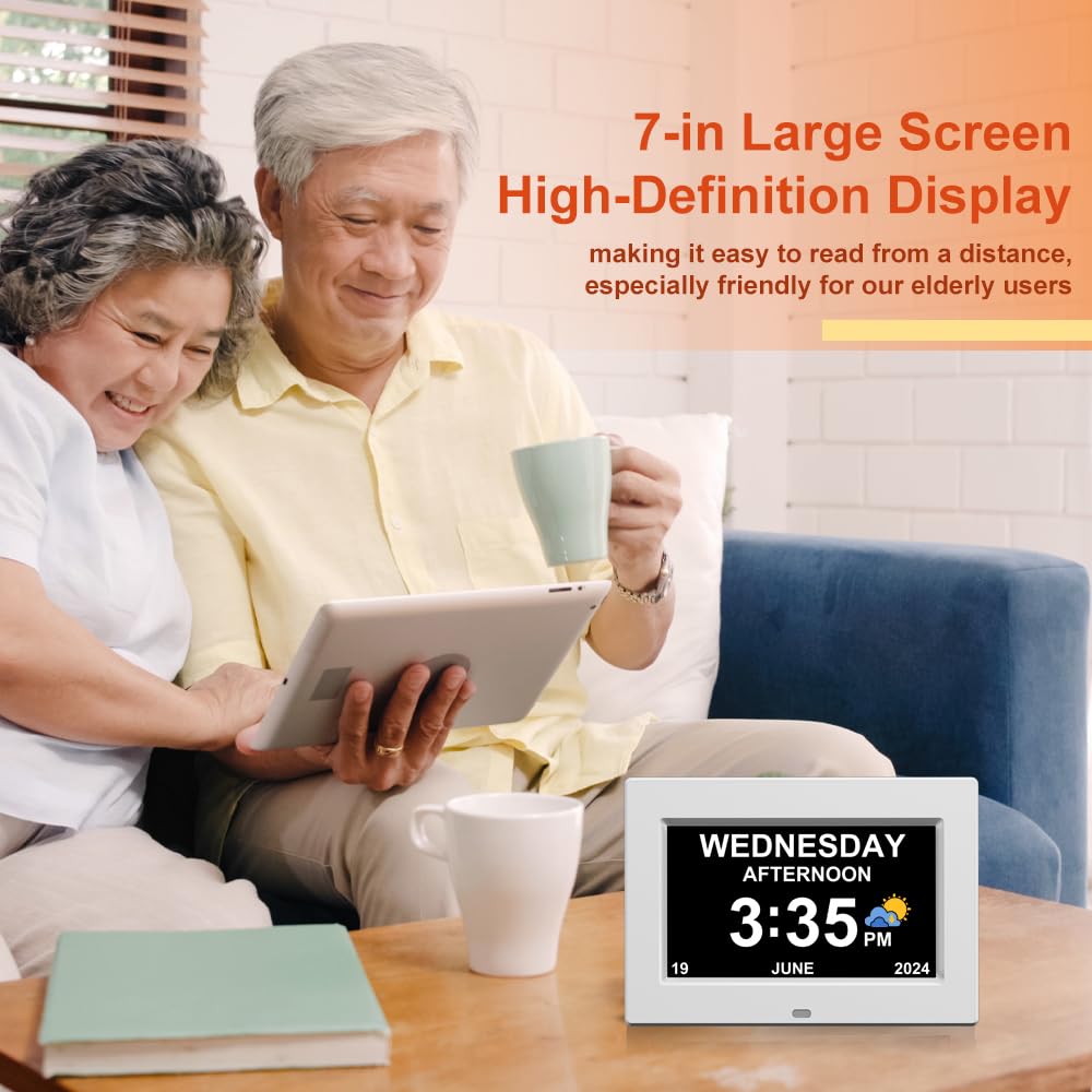 AINFTIME Digital Clock with Date and Day of Week for Elderly-12 Alarms Medication Reminder Dementia Alzheimers Clock Calendar with Extra Large Display (7 inch White)