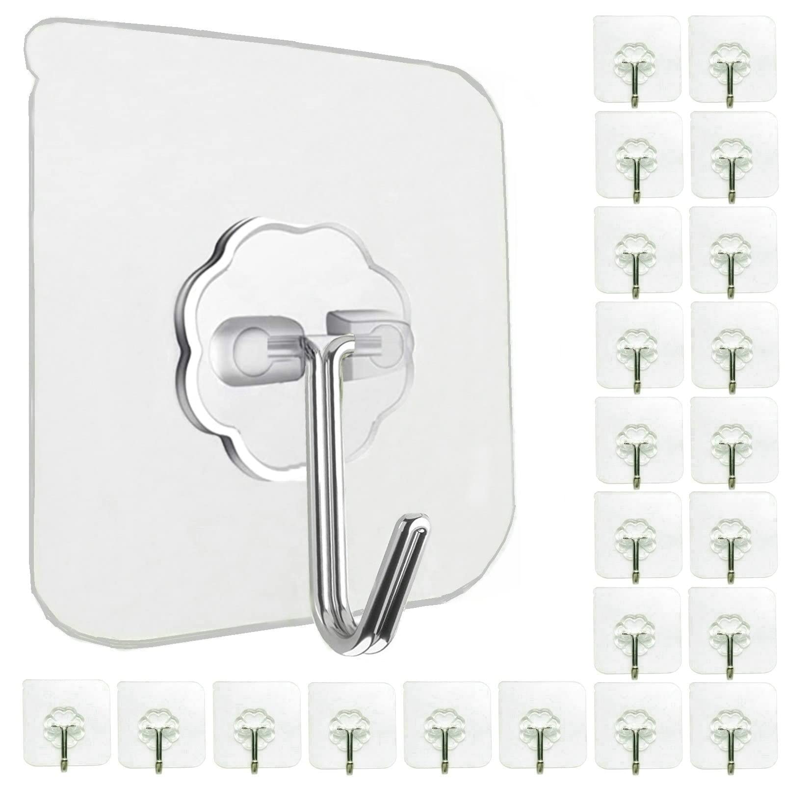 24 Pack Adhesive Wall Hooks 33LB Heavy Duty No Drill Transparent Waterproof Hooks for Bathroom Kitchen Towel Coat Office Home Outdoor