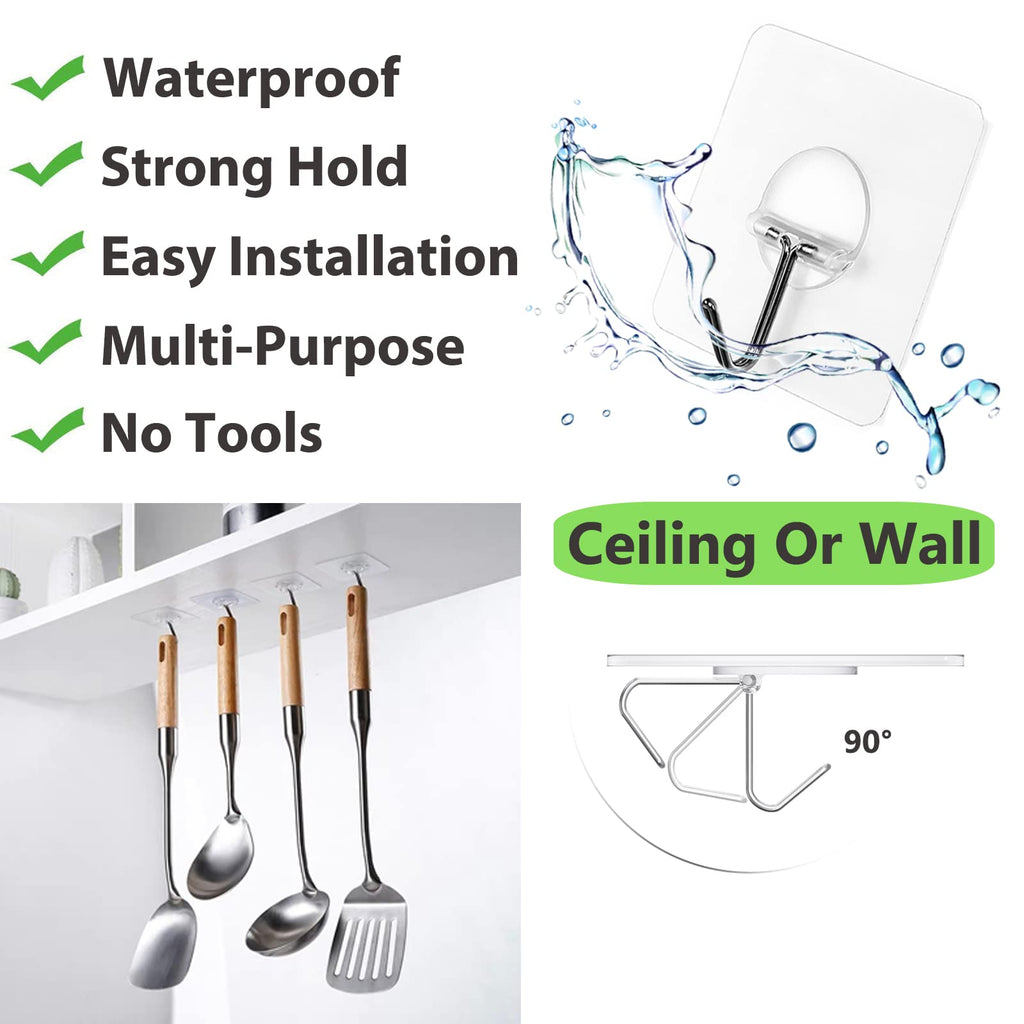 Adhesive Wall Hooks 13LB Heavy Duty No Drill Transparent Waterproof Hooks for Bathroom Kitchen Towel Coat 12 Pack