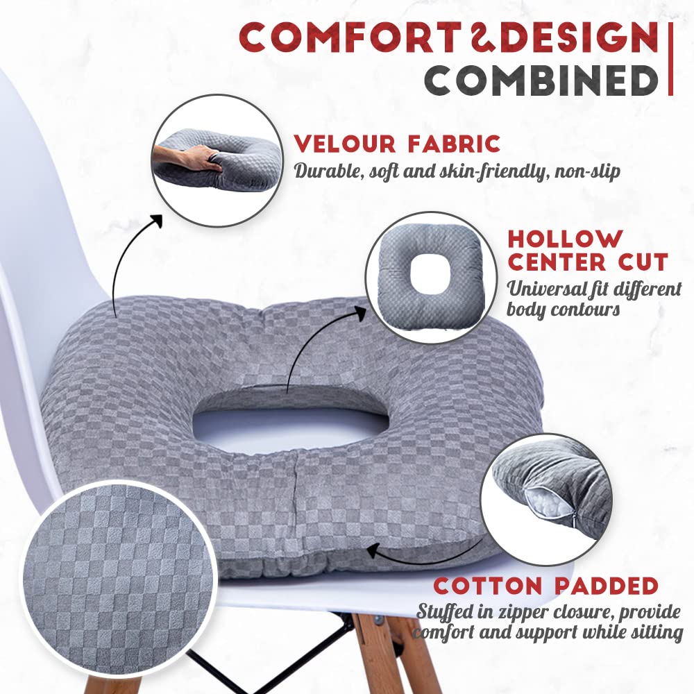 Vinban Stuffed Donut Pillow Seat Cushion | for Tailbone and Coccyx Pain, Hemorrhoids, Bed Sores, Pregnancy, Prostate, Surgery Recovery, Sitting Pressure Relief, for Home, Office and Car (Grey)