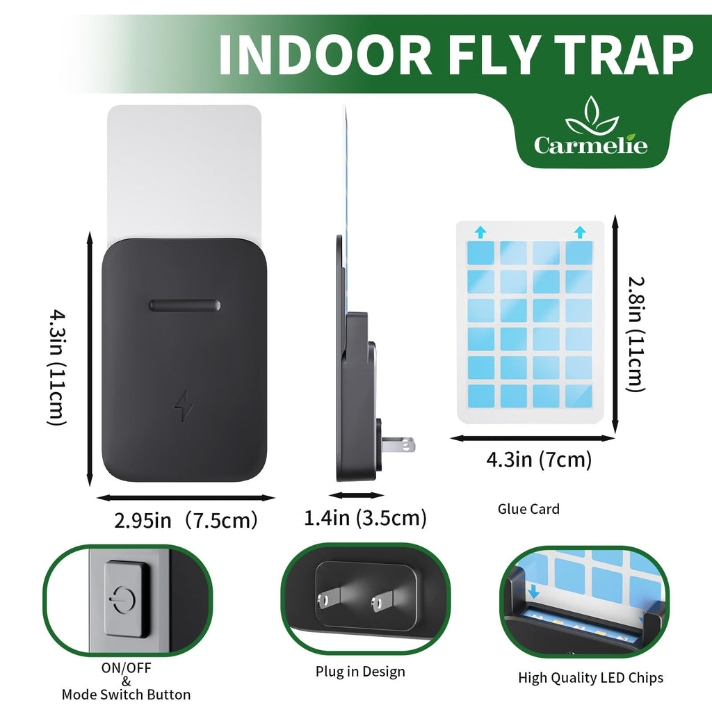 Carmelie Fly Trap Indoor, Fruit Fly Trap for Indoors, Plug-in Flying Insect Traps Catcher with Dimmable UVA Attract Night Light Mode, for House Flies Bugs Mosquito Pest, Black(2 Device+10 Glue Cards)