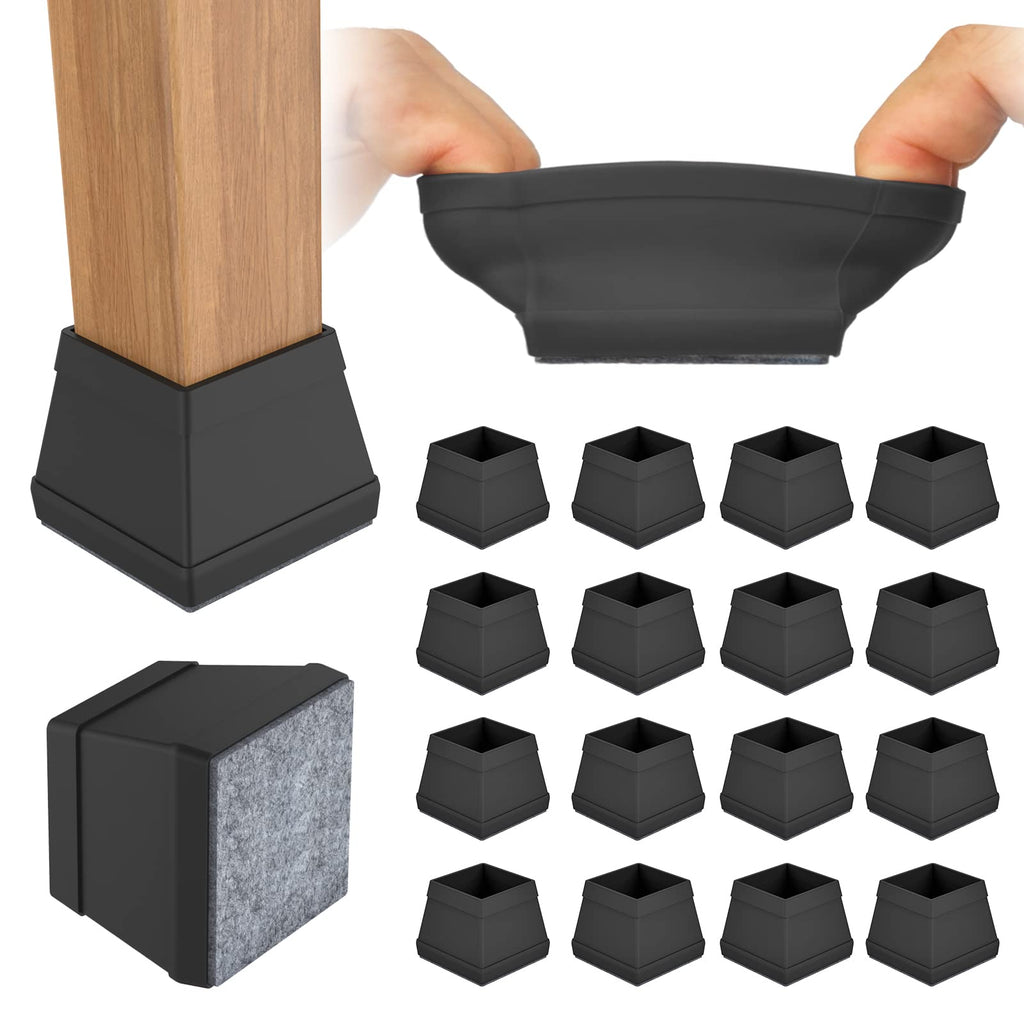 16 PCS Square Chair Leg Floor Protector, Silicone Chair Leg Cover, Furniture Leg Protectors with Felt, Mobile Table Leg pad, Protect The Floor from Scratches.1 1/2 in Black.