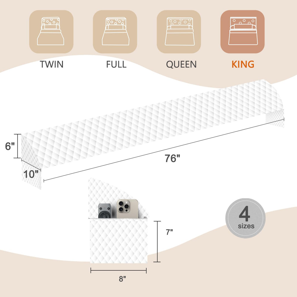 TOACSUCP Wedge Pillow Headboard, Pillow Wedge for Headboard Gap with 2 Side Large Pocket, Bed Gap Filler (0-8"), Headboard Wedge Pillow King Size(White, 76"x10"x6")