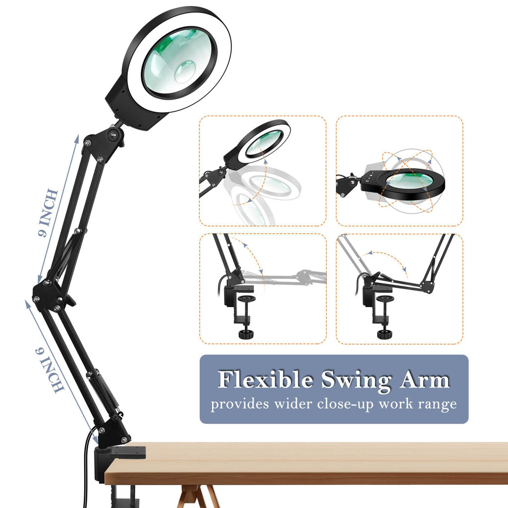 Magnifying Glass Light Clamp Desktop Lamp Stand Desk Table Close Work Up for Crafting, Model Assembly, Reading, Sewing, Jewelry Making, 10X-5X HD Magnifier 50 illumination Options for Elderly