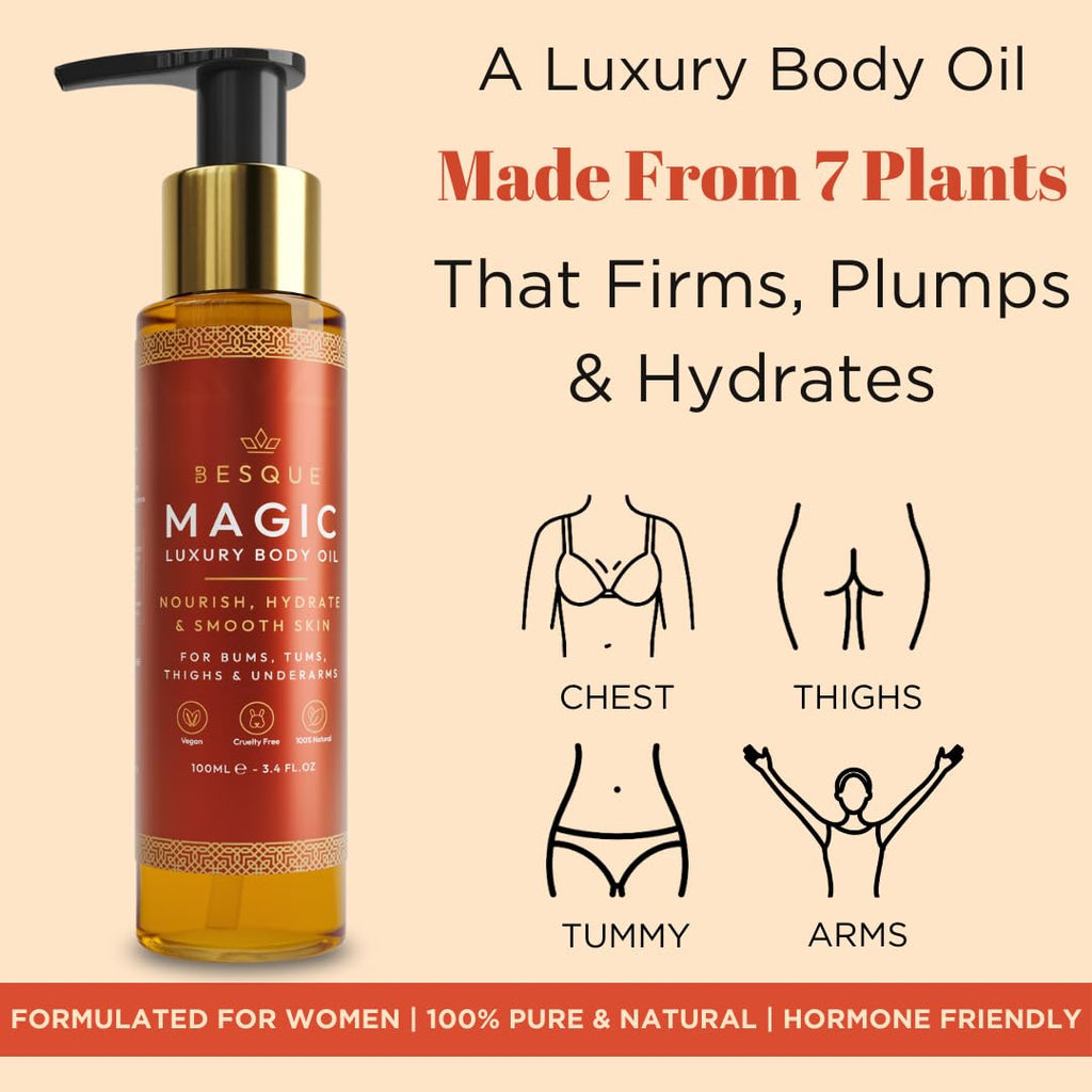 Besque Magic Body Oil, 3.4 FL OZ, After Shower Body Oil For Women, Hydrating Skin Care For Full Body That Plumps, Tightens, and Firms Skin With Natural Ingredients, Luxury Spa Gifts - Pack of 1