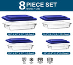 8-Piece Deep Glass Baking Dish Set with Plastic lids,Rectangular Glass Bakeware Set with Lids, Baking Pans for Lasagna, Leftovers, Cooking, Kitchen, Freezer-to-Oven and Dishwasher, Blue