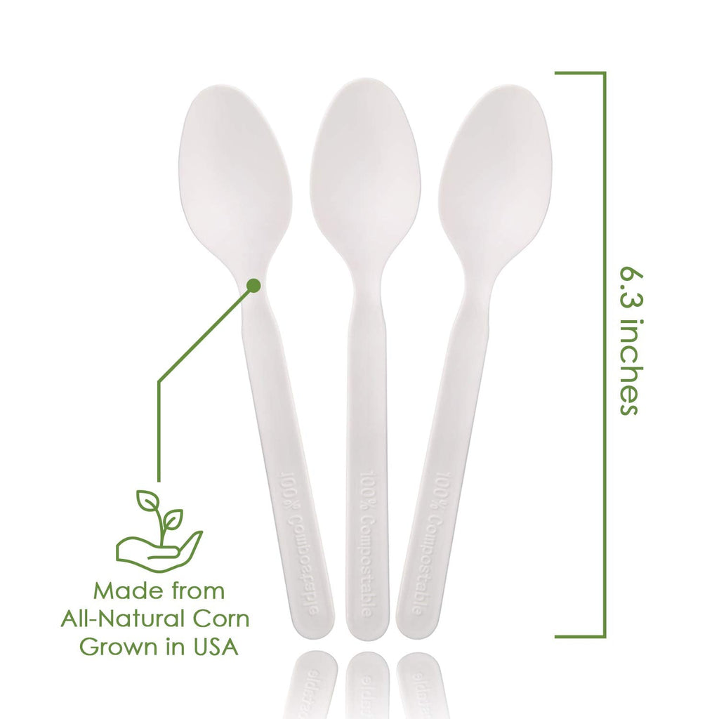 Ecovita 100% Compostable Spoons - 500 Large Disposable Utensils (6.5 in.) Bulk Size Eco Friendly Durable and Heat Resistant Alternative to Plastic Spoons with Convenient Tray