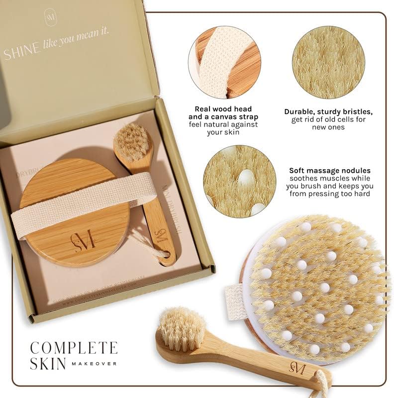 CSM Dry Brushing Body Brush Set- Natural Bristle Body Brush, Exfoliating Face Brush for Soft Skin: Kit contains 1 Dry Brush for Face + 1 Body Brush for Lymphatic Drainage, Cellulite, and Circulation