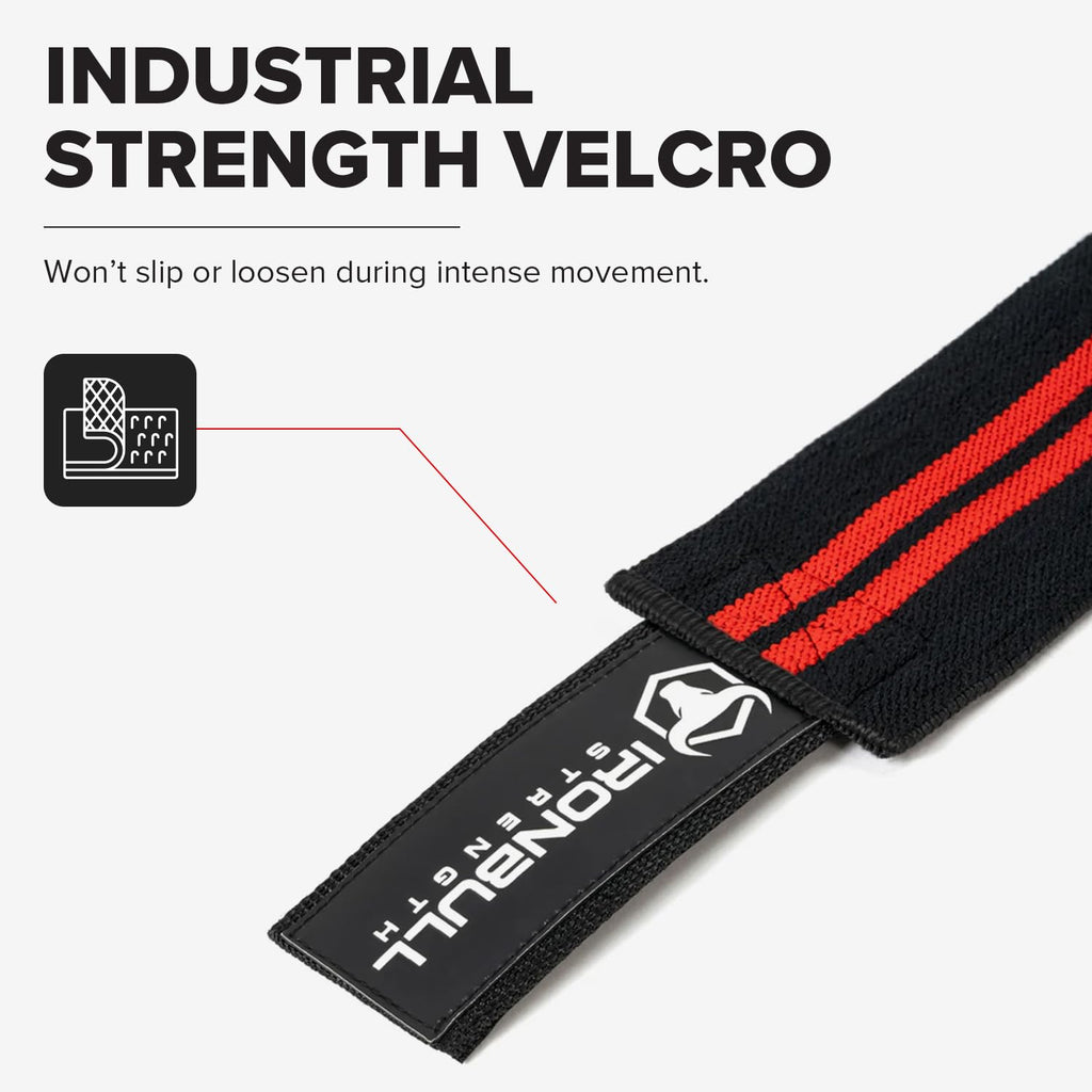Iron Bull Strength Knee Wraps (1 Pair) - 80" Elastic Knee and Elbow Support & Compression - For Weightlifting, Powerlifting, Fitness, WODs & Gym Workout - Knee Straps for Squats (Black/Red)
