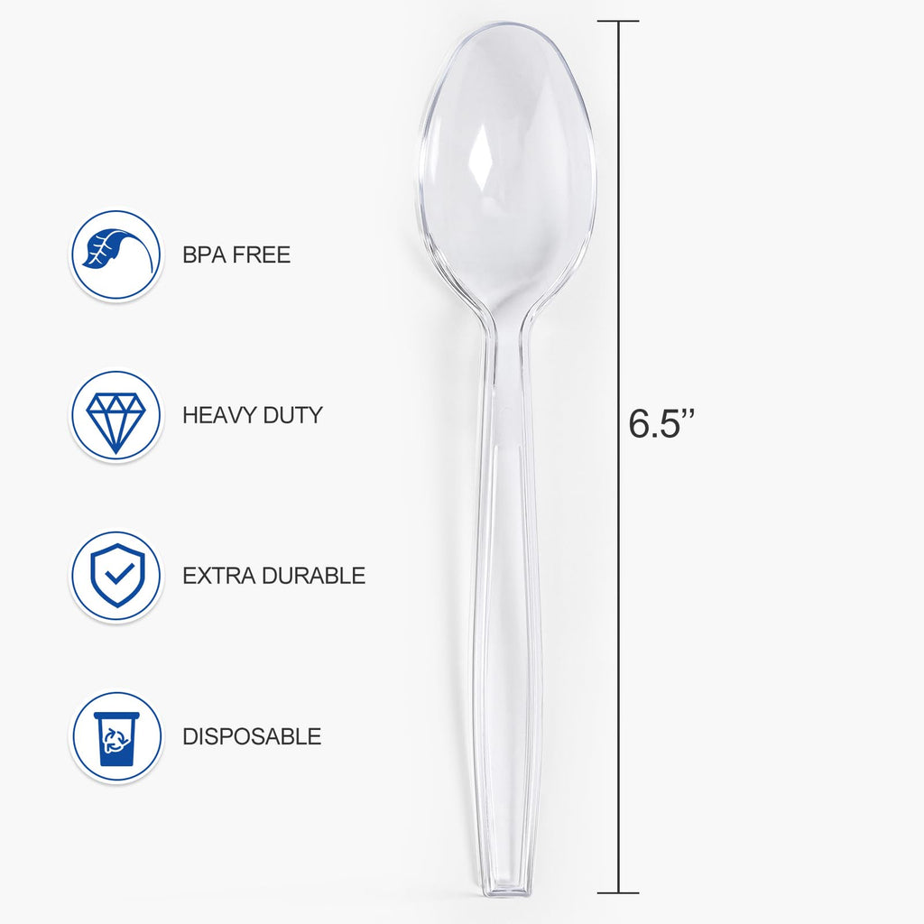 [100 Count] Clear Plastic Spoons Heavy Duty, Premium Disposable Spoons, Durable Plastic Cutlery for for Parties, Picnics, Big Event, Daily Use - Heat Resistant & BPA Free - Clear