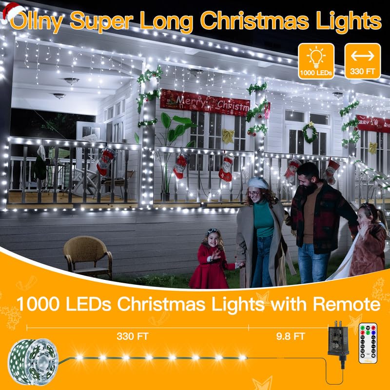 Ollny Christmas Lights 1000 LED 330 FT, IP67 Waterproof Plug in Christmas Tree Lights with Remote, 8 Modes, 3 Timers, Dimmable, House Xmas Indoor Decorations Outdoor Christmas Lights (Cool White)