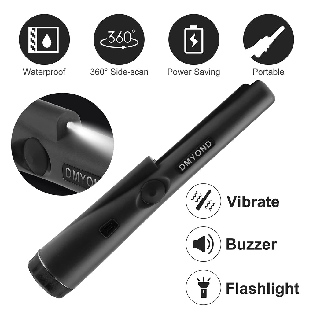 Dmyond Metal Detector Pinpointer, Professional Waterproof Handheld Pin Pointer Wand, Search Treasure Pinpointing Finder Probe with 9V Battery for Adults, Kids - Black